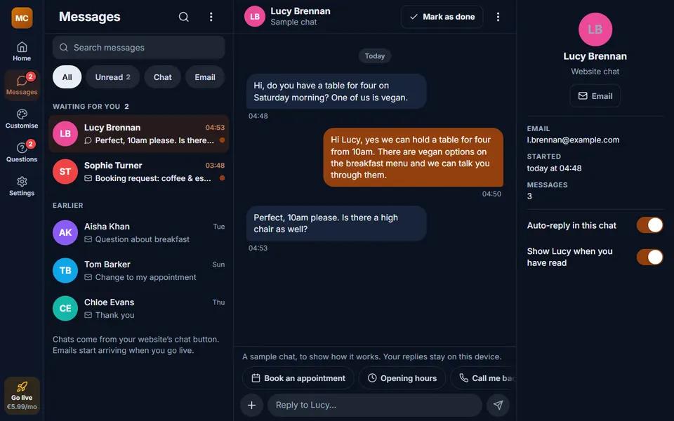 Our cafe demo: inbox