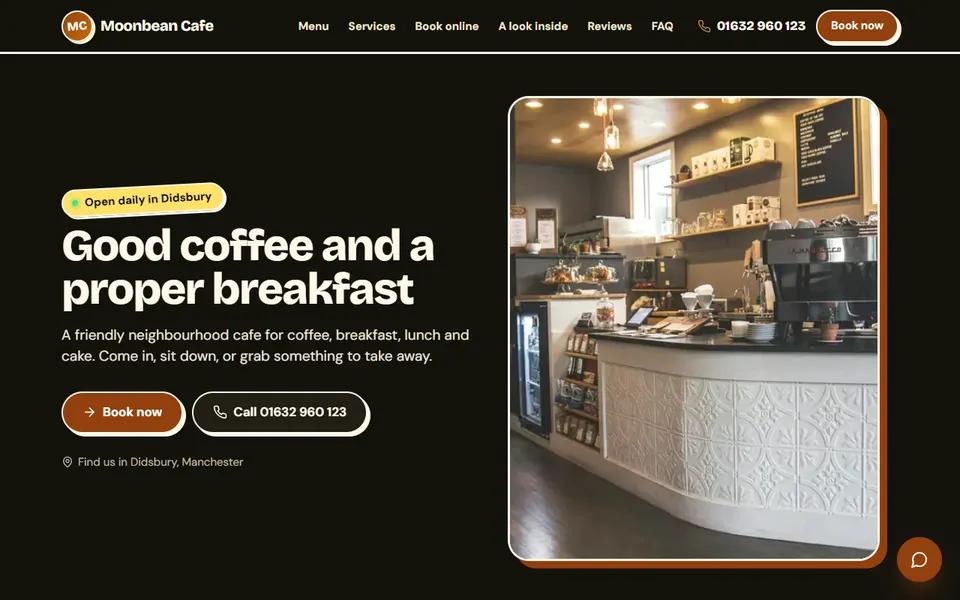 The home page of our cafe demo website