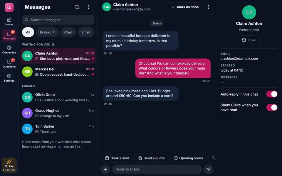 Our florist demo: inbox