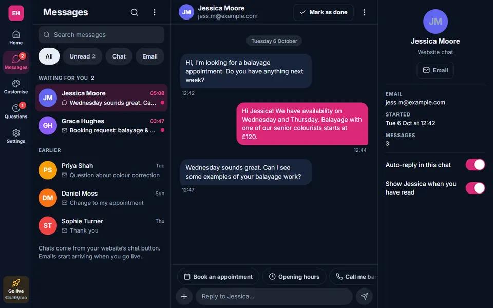 Our hairdresser demo: inbox