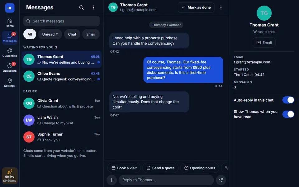 Our solicitor demo: inbox