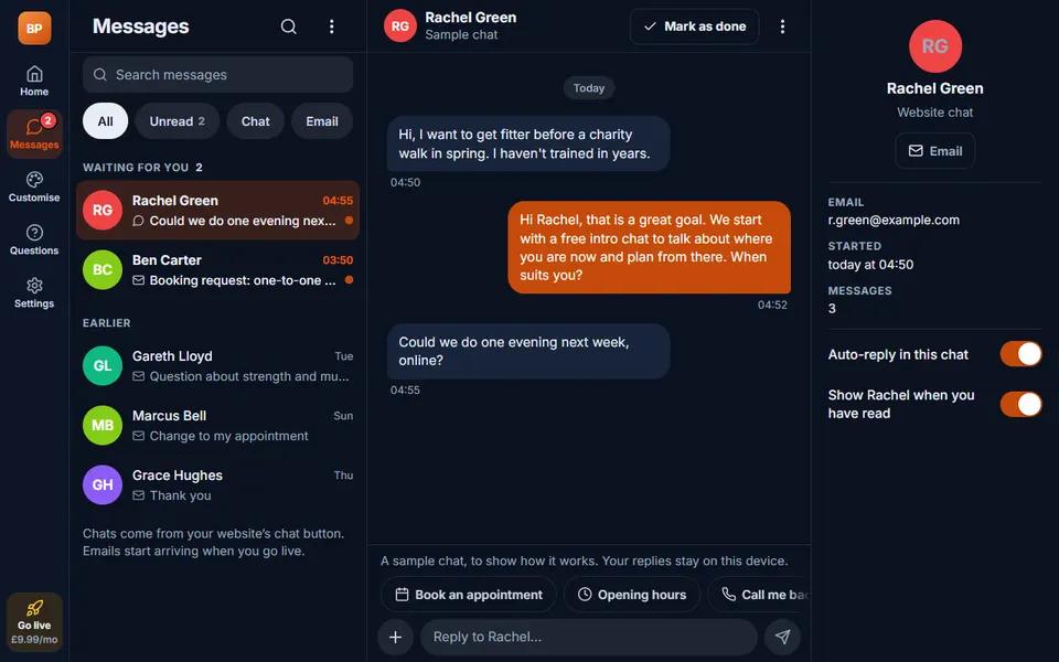 Our personal trainer demo: inbox