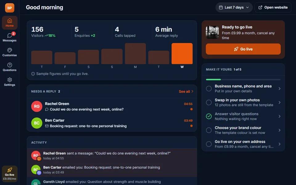 Our personal trainer demo: your dashboard