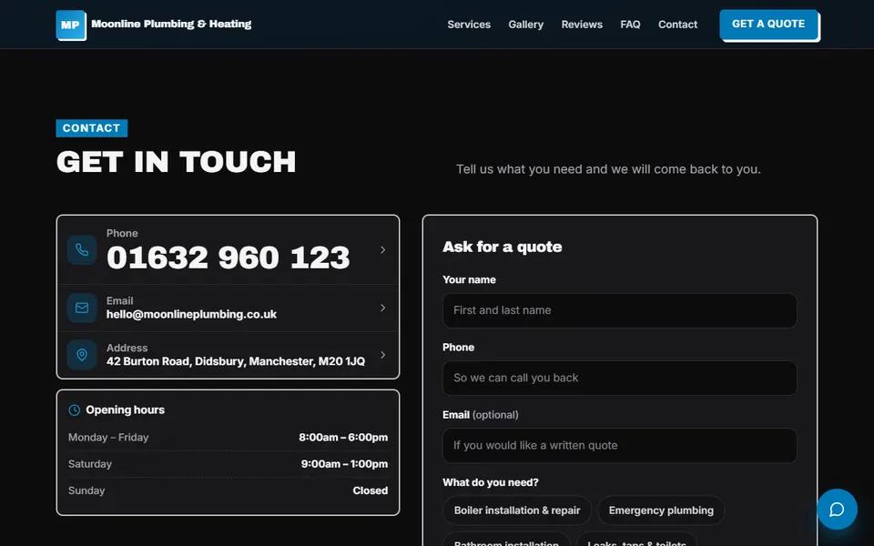 Our plumber demo: enquiry form