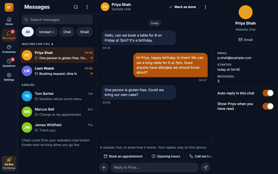 Our restaurant demo: inbox