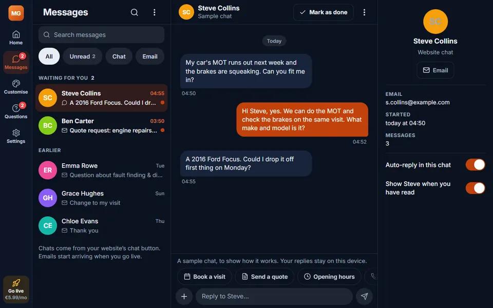 Our mechanic demo: inbox