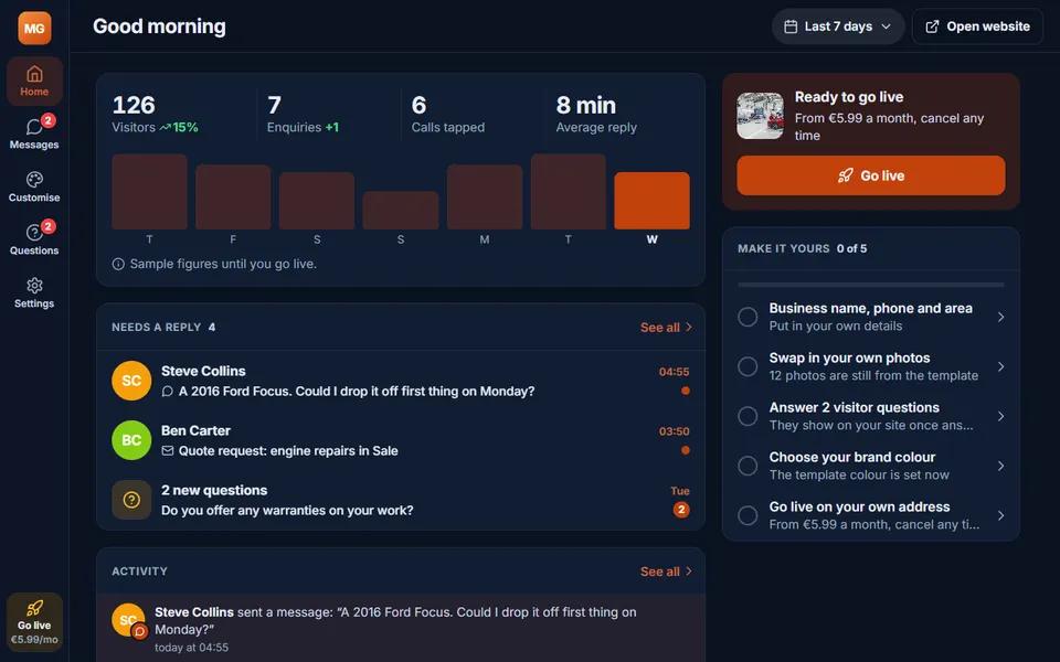Our mechanic demo: your dashboard